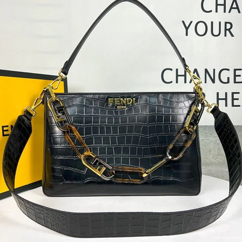 Cheap Black Shoulder Leather O'Lock Crocodile Zip In Bag Fendi 0812